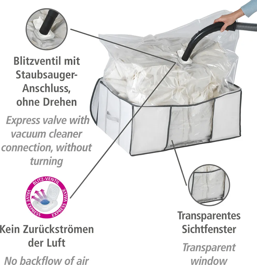 Housse de compression aspirable avec valve et fenêtre transparente