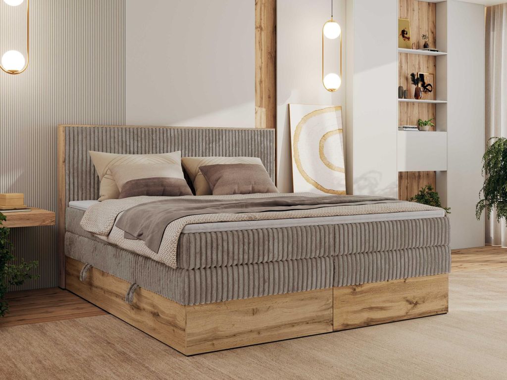 MKS MEBLE Boxspringbett WOOD CLASSIC KING, Doppelbett mit zwei Multipocket-Matratze und Topper Visco, hohe Kopfteil, Stauraum - 180 x 200 cm - H3 -...