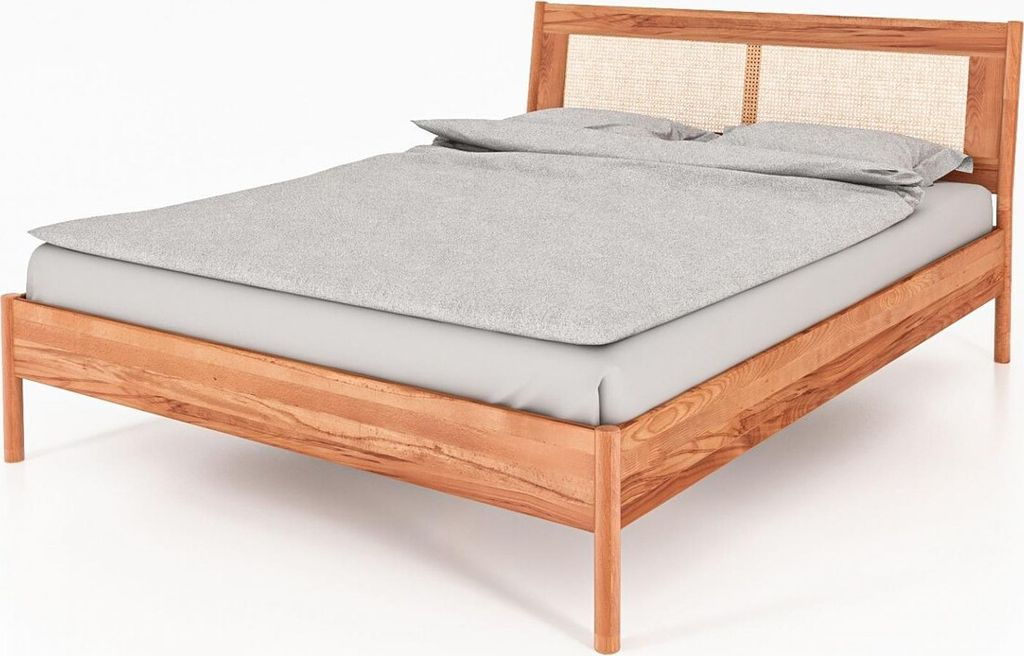 Bett Zola 2 Kernbuche massiv 120x200 mit Rattankopfteil und Holzbeinen