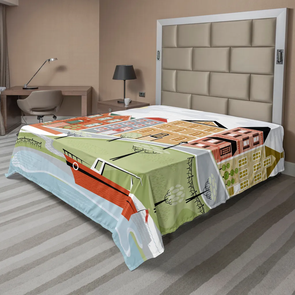ABAKUHAUS Drap de Lit Vue de Ville 260x228 cm en Tissu Douceur Sarcelle
