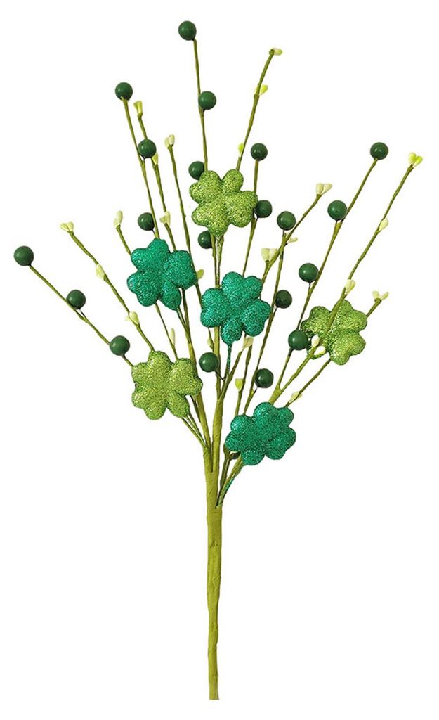 Künstliche Kleeblatt-Pflanzenstecker zum St. Patrick's Day, glitzernde vierblättrige Kleeblätter, Beeren, Stiele für Blumenarrangements, irisch...