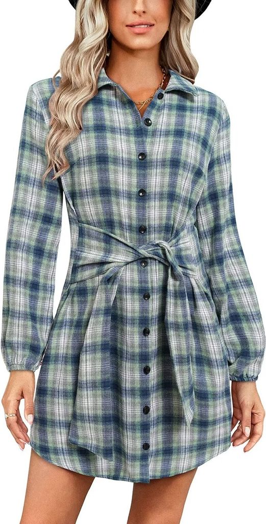 ASKSA Damen Kariert Hemdkleid Elegant Knöpfen Blusenkleid V-Ausschnitt Langarm Tunika Kleider Freizeitkleid mit Gürtel, Grün, S