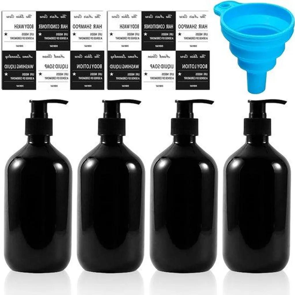 Flacons de shampoing rechargeables noirs 500ml en lot de 4 unités