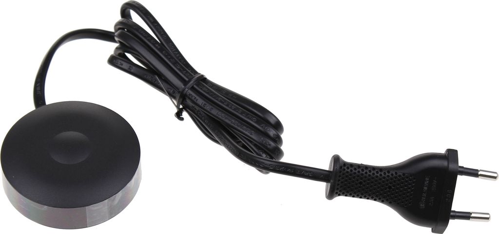A black power adapter with a European plug and a round base unit.