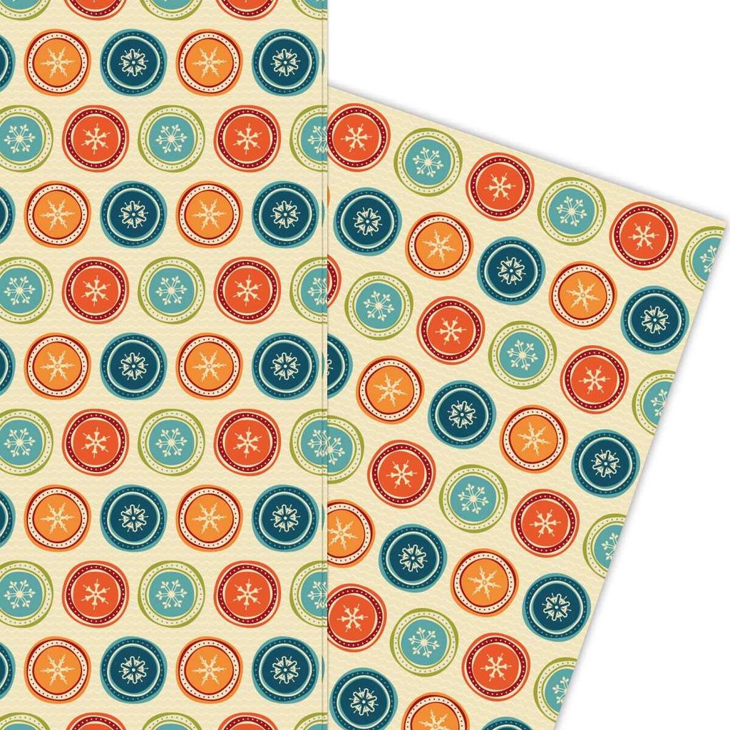 Retro Weihnachts Geschenkpapier mit Schneeflocken auf beige - G5934, 32 x 48cm
