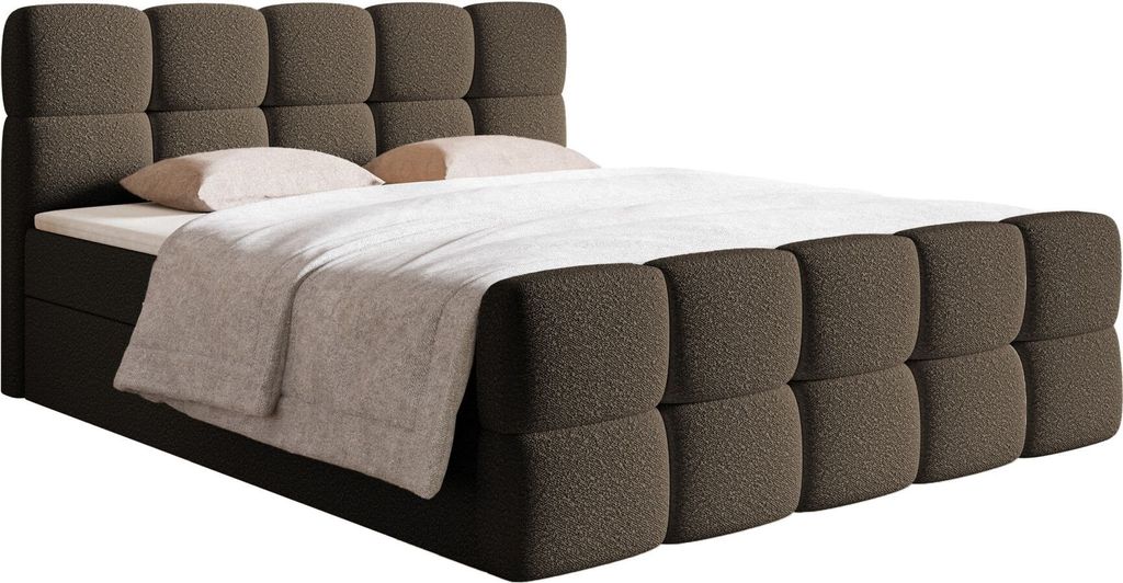 Selsey Cloudy - Boxbett 180x200 mit Bettkästen, Matratze, Topper, Bouclé-Bezug, braun