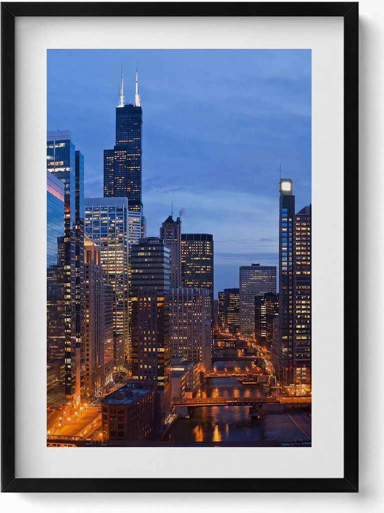 Lichter der Großstadtgebäude– Wandbild mit Rahmen – Gerahmtes Bild – Wanddekoration – 50x70 cm – Schwarz Rahmen