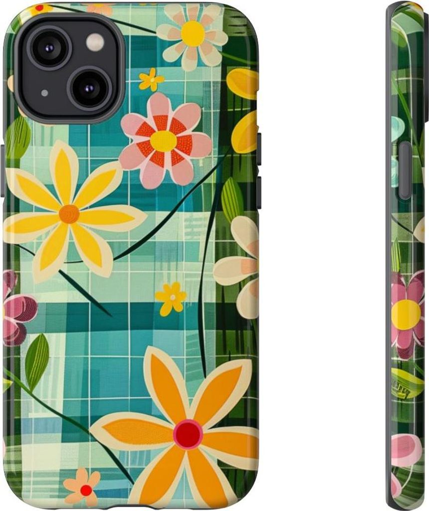 Buntes Retro-Blumenmuster auf blauem Hintergrund – Hülle Kompatibel mit iPhone 14 Plus