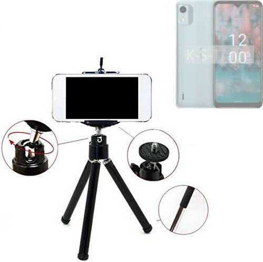 K-S-Trade Smartphone Stativ Dreibein kompatibel mit Nokia C12 Pro Tripod aus Aluminium Klemmstativ Stativ Adapter für Mobiltelefone schwarz 1x