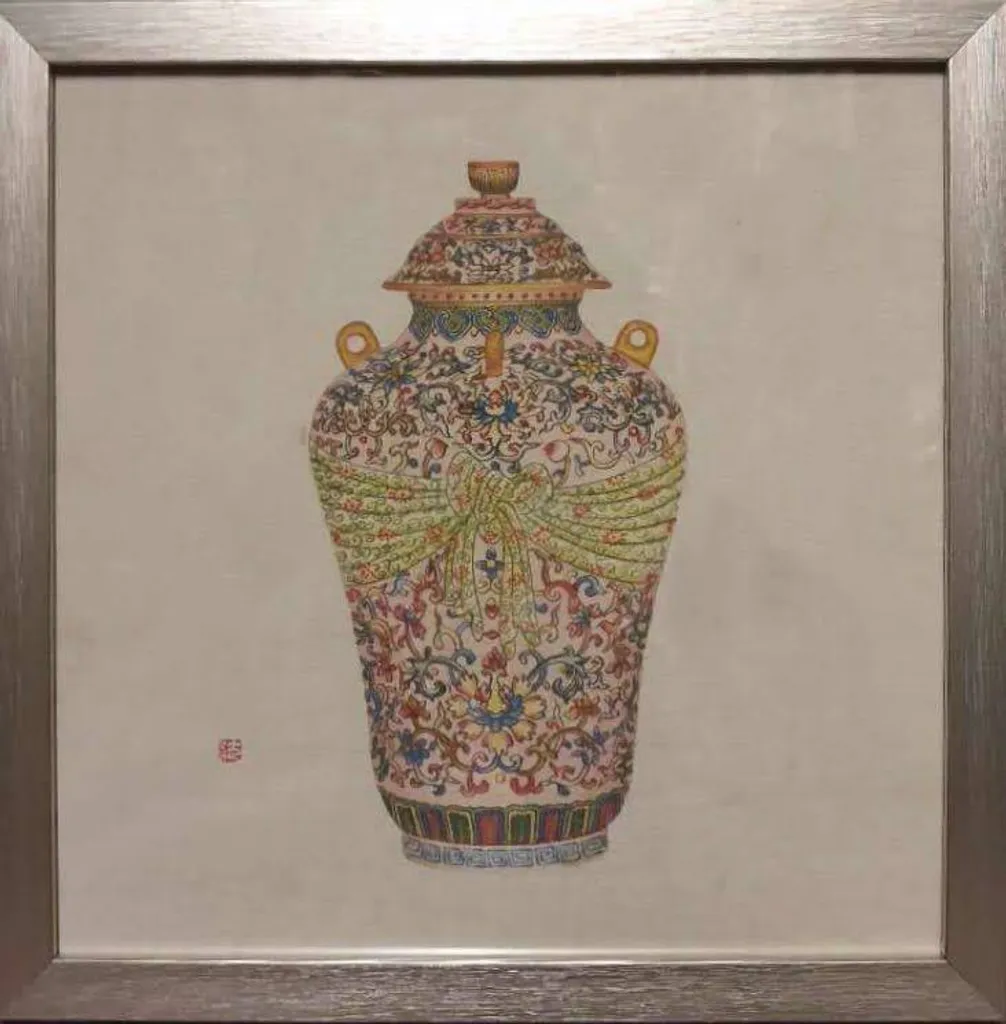 Fine Asianliving Peinture Chinoise avec Cadre Pot Chinois 35x35cm