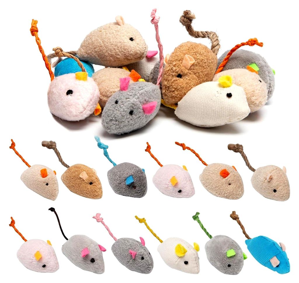 24 Stück Katzenspielzeug, Plüschmäuse mit Katzenminze, interaktives Spielzeug, mehrfarbig