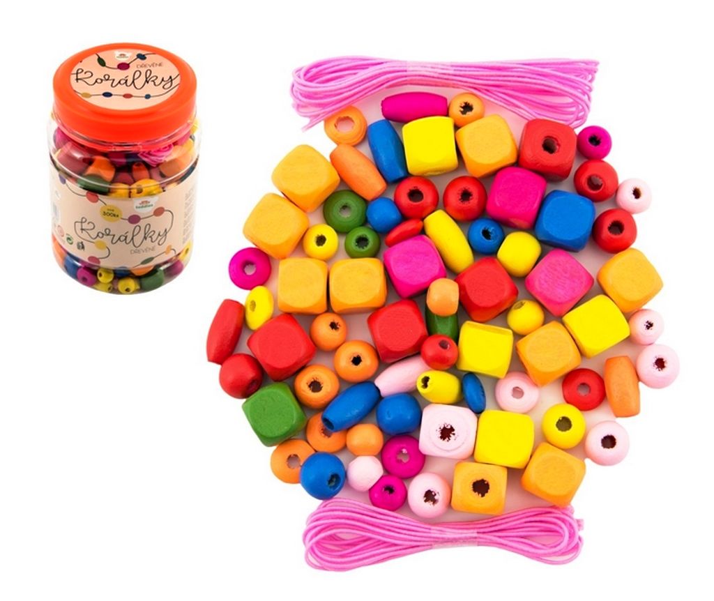 Bunte Holzperlen mit Gummibändern ca. 300 Stück in Kunststoffbox 7x11cm