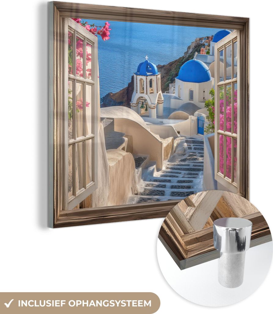 MuchoWow Glasbilder - Bilder auf Wandbild - Foto auf Glas Durchsichtig - Santorini - Landschaft - Blau - Griechisch 40x40 cm Wanddekoration aus Gla...