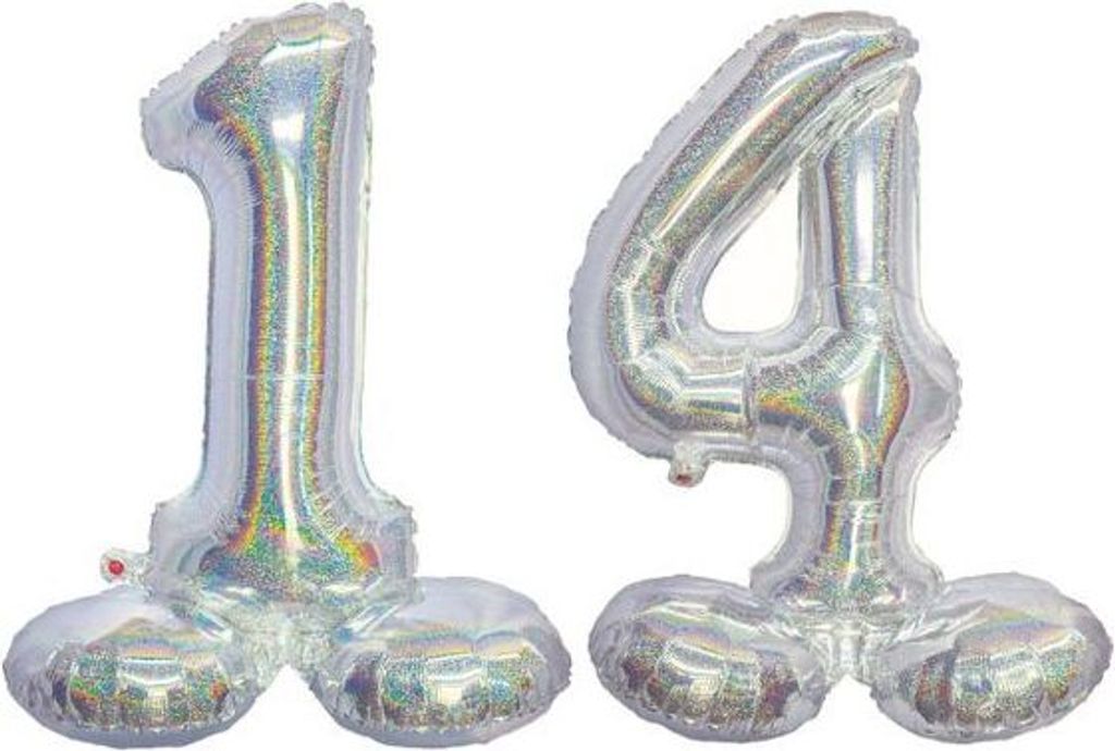 Stehender XL Folienballon Zahl 14 silber holografisch 72 cm 14. Geburtstag
