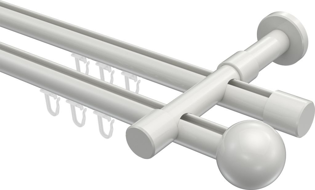 Interdeco Innenlaufstange / Gardinenstange mit Innenlauf Weiß, Typ Prestige Luino (Kugel), 20 mm Ø 2-läufig, 200 cm