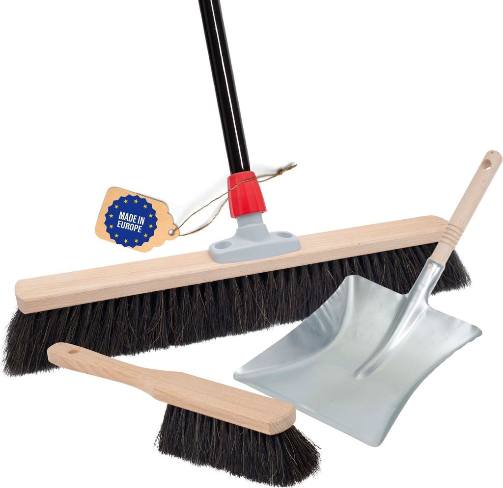 Novaliv Großer Besen 60 cm mit Stiel Rosshaarbesen Saalbesen inkl. Kehrgarnitur verzinkt bestehend aus Kehrblech und Handfeger besen fein Ideal al...