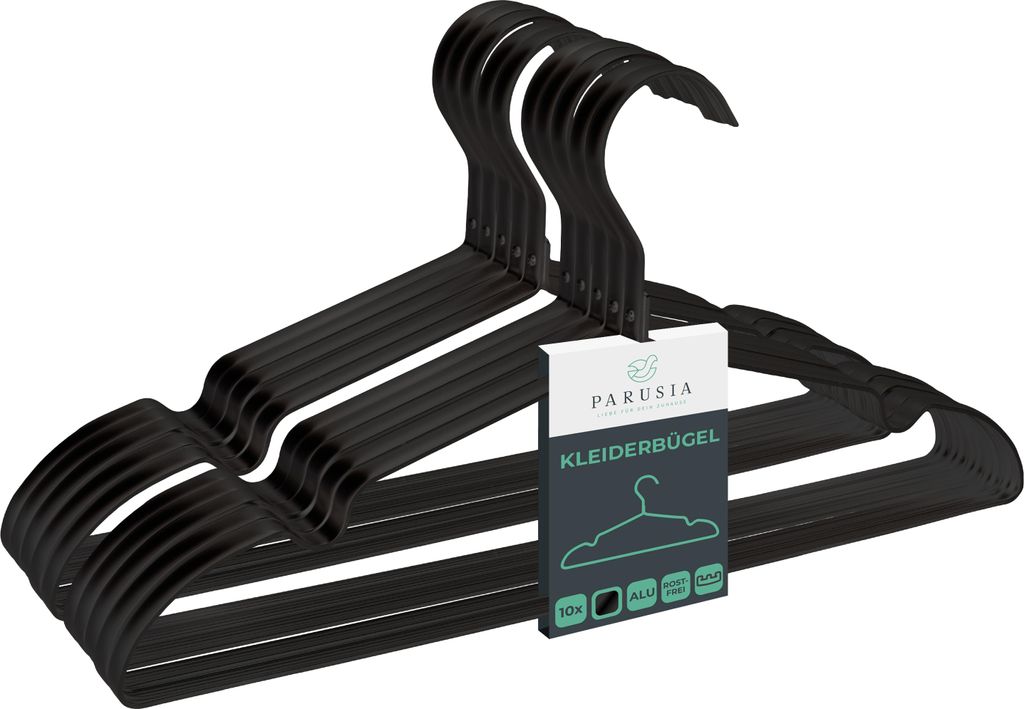 10x Parusia Kleiderbügel schwarz,  42cm breit, 1cm stark, Produktbild 