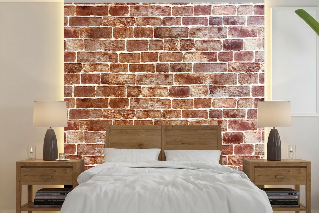 MuchoWow Fototapete für Wohnzimmer oder Schlafzimmer Wandtapete Vinyl Motivtapete Backstein - Braun - Weiß - Wand - 240x240 cm - Schlafzimmer-T...