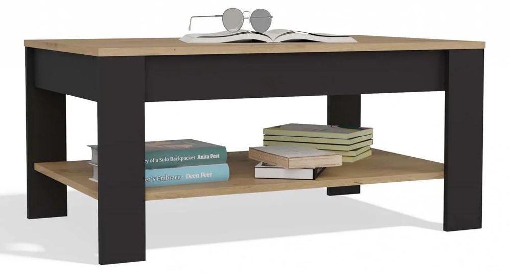 OHIO Couchtisch aus schwarzem Artisan-Eichenholz mit Ablage für das Wohnzimmer 93 x 58 x 43,5 cm