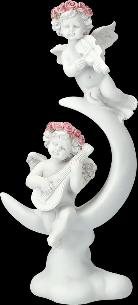 A white ceramic figurine of two cherubs playing musical instruments on a crescent moon.