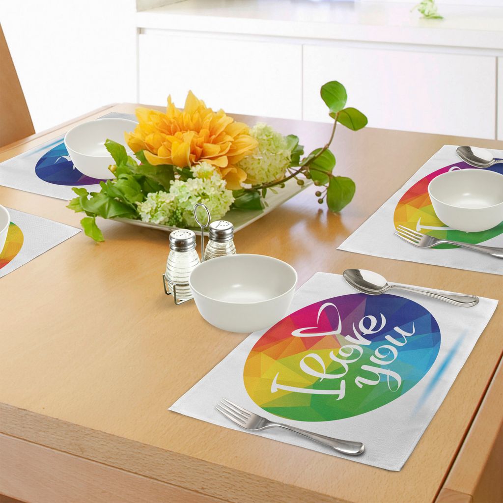 ABAKUHAUS Stolz Platzmatten, Abgerundeter polygonaler Regenbogen Farbiger Rahmen mit ich Liebe Dich kalligraphisches Design, Tiscjdeco aus Farbfest...