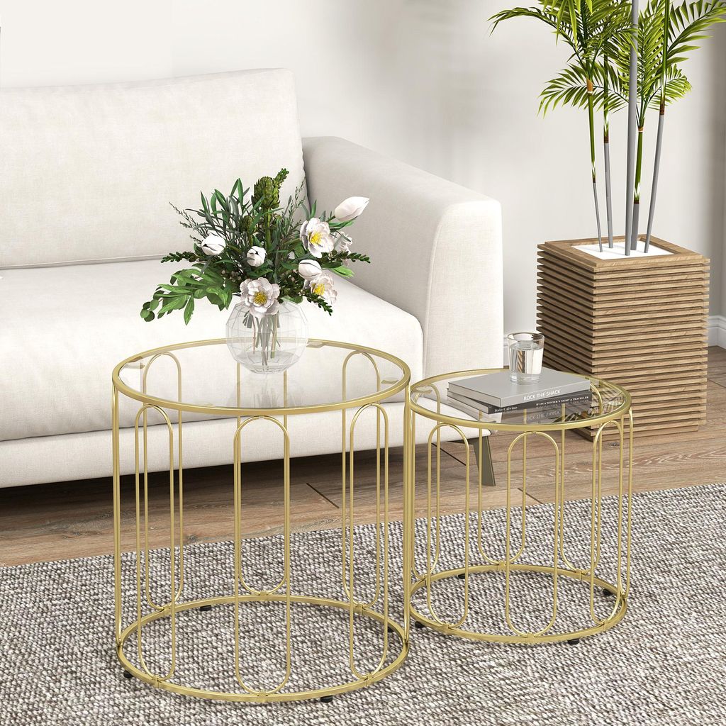 Couchtisch 2er Set rund Glas & Metall, Satztisch Produktbild 