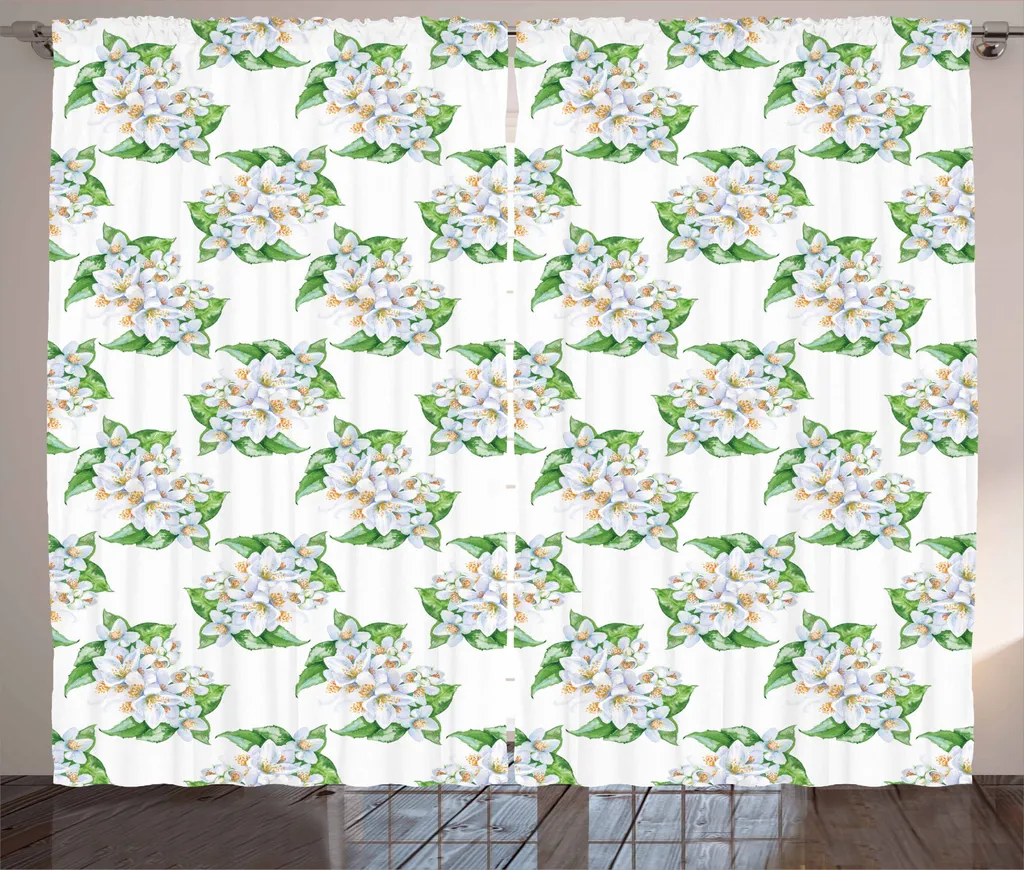 ABAKUHAUS Tenda rustica Jasmin, delicati bouquet di fiori, tenda con passanti e ganci per camera da letto, 280 x 245 cm, verde felce grigio chiaro - 1