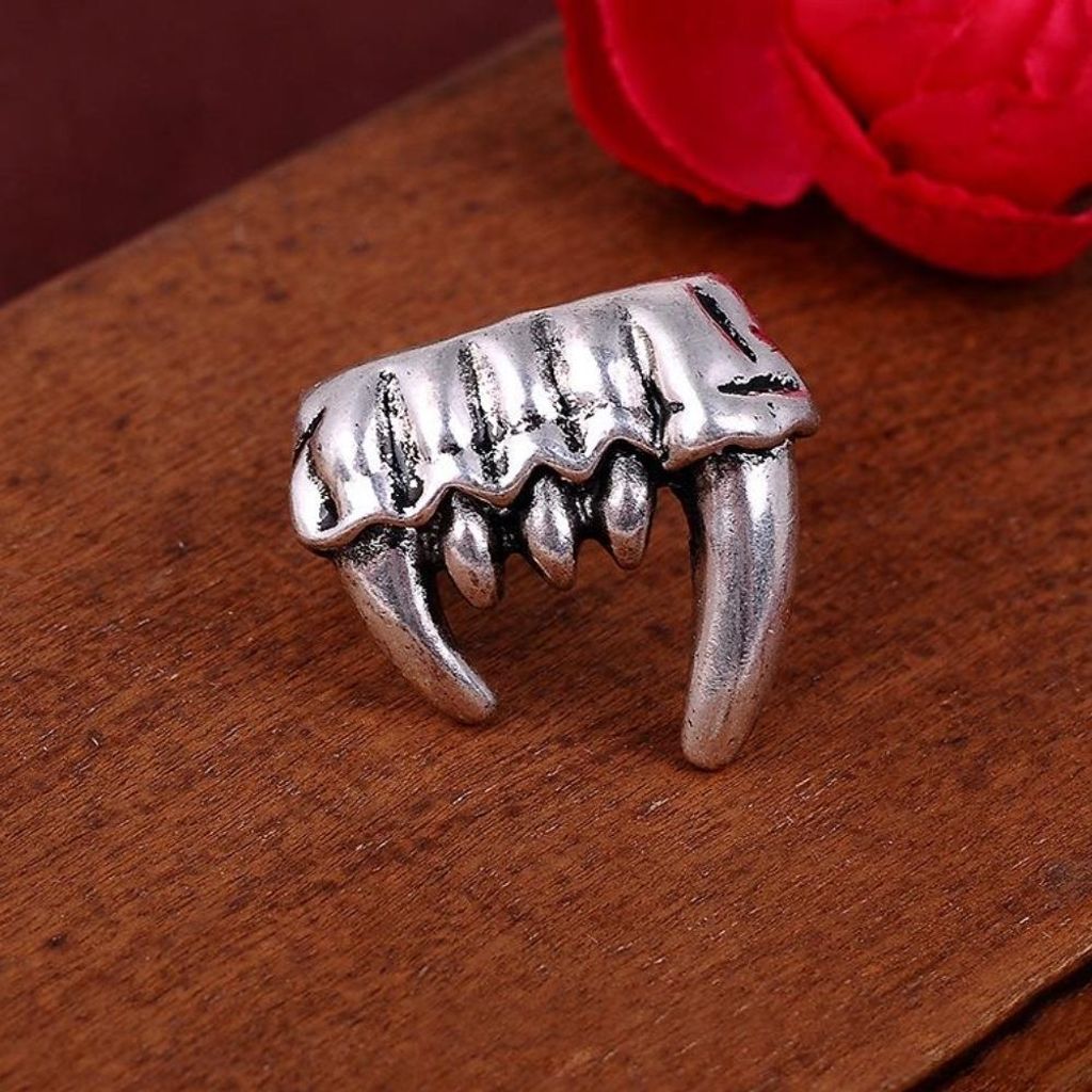 3D Edelstahl Ring Reißzähne Vampirzähne Gr. 67 = 21,3 mm Silber
