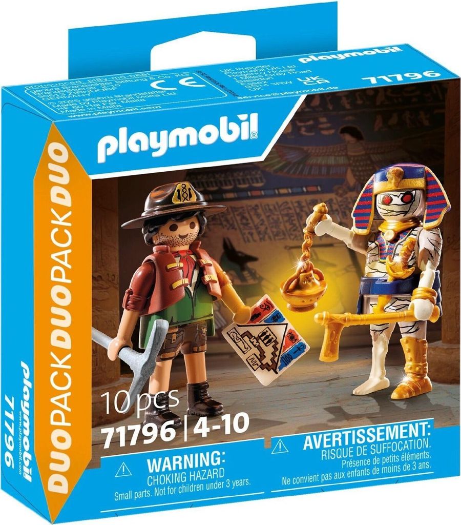 A Playmobil DuoPack toy set featuring an explorer and a mummy, presented in its retail packaging.