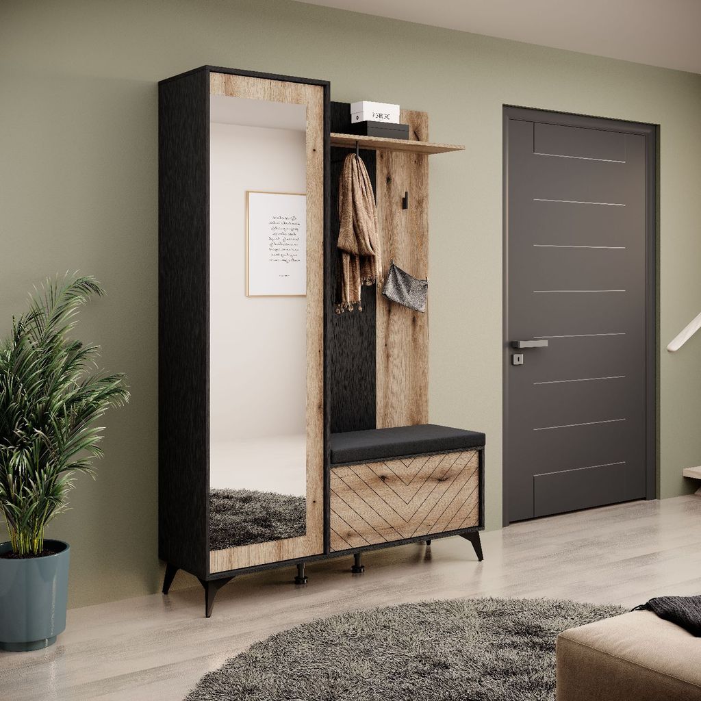 Garderobe-Set DIAMOND mit Sitzkissen mit Spiegiel Schuhschrank Kleiderhänger Schwarz / Evoke Eiche