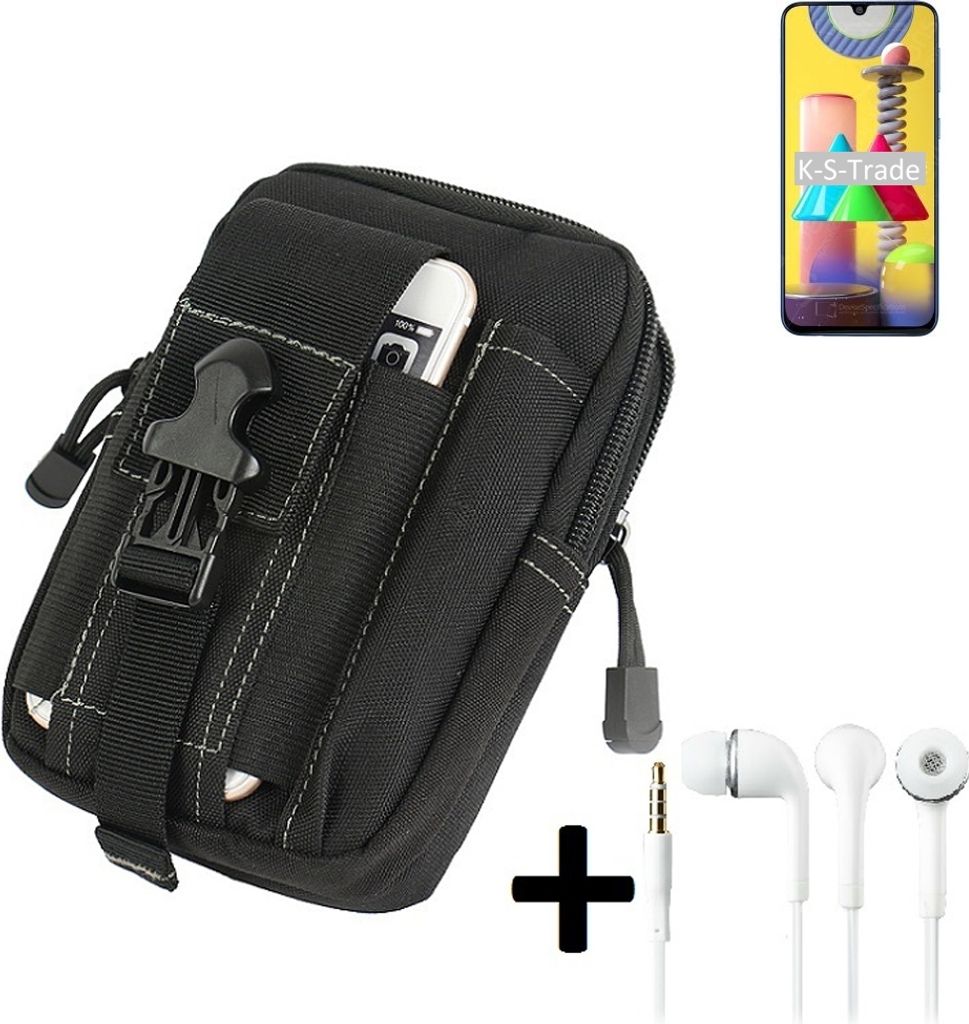 K-S-Trade Gürteltache + Kopfhörer kompatibel mit Samsung Galaxy M31 Gürtel Tasche Holster Schutz Hülle Handy Hülle schwarz inkl. Extrafächer