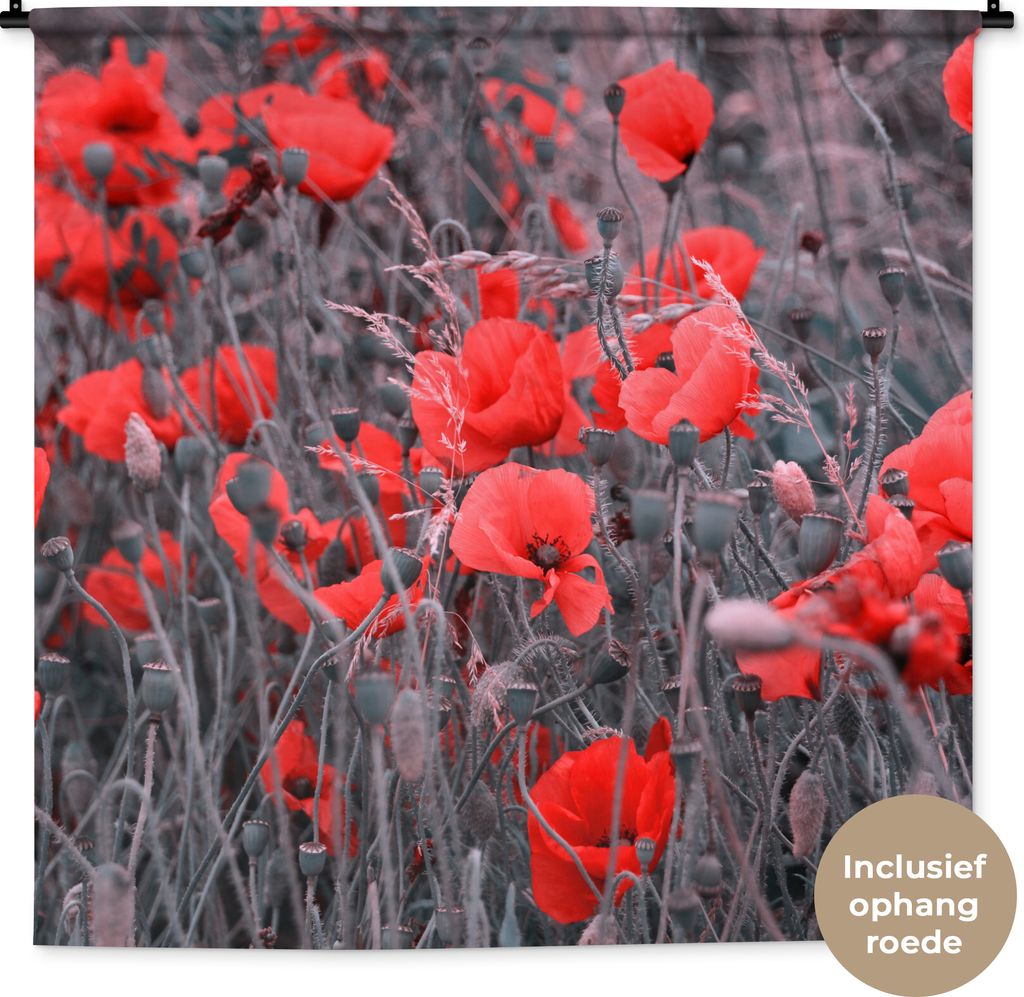 MuchoWow Wandteppich Wandbehang Rote Mohnblumen in einem Schwarz-Weiß-Bild 150x150 cm Tapisserie Dekoration Wandtuch - Wohnaccessoires - Modernes