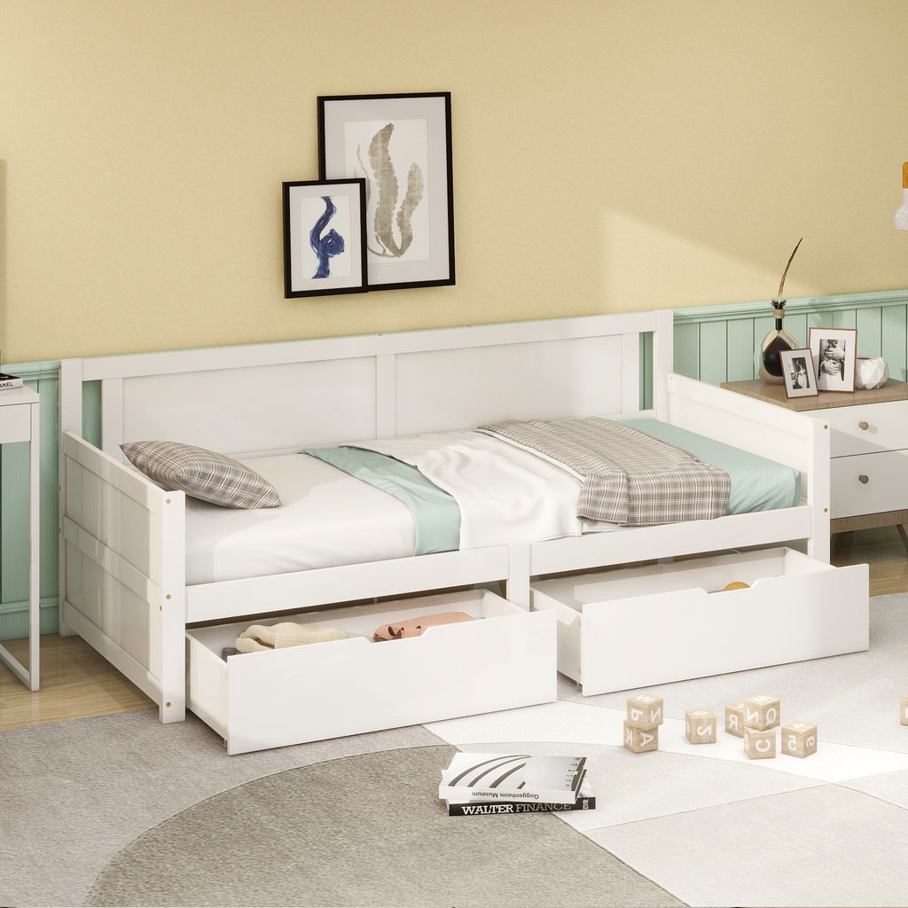 STILVORA Schlafsofa 90x200cm Daybett Tagesbett mit zwei Ablagefächern,Jugendbett mit Lattenrost,Weißer Holzrahmen,Weiß(Ohne Matratze)