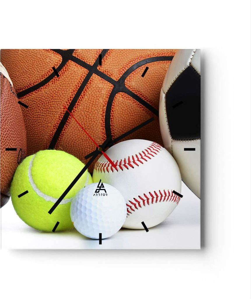 Wanduhr - Quadrat - Glasuhr - Fußball Ball Sport Golf - 40x40cm - Schleichendes Uhrwerk - Lautlos - zum Aufhängen bereit - Dekoration Modern - Wa...