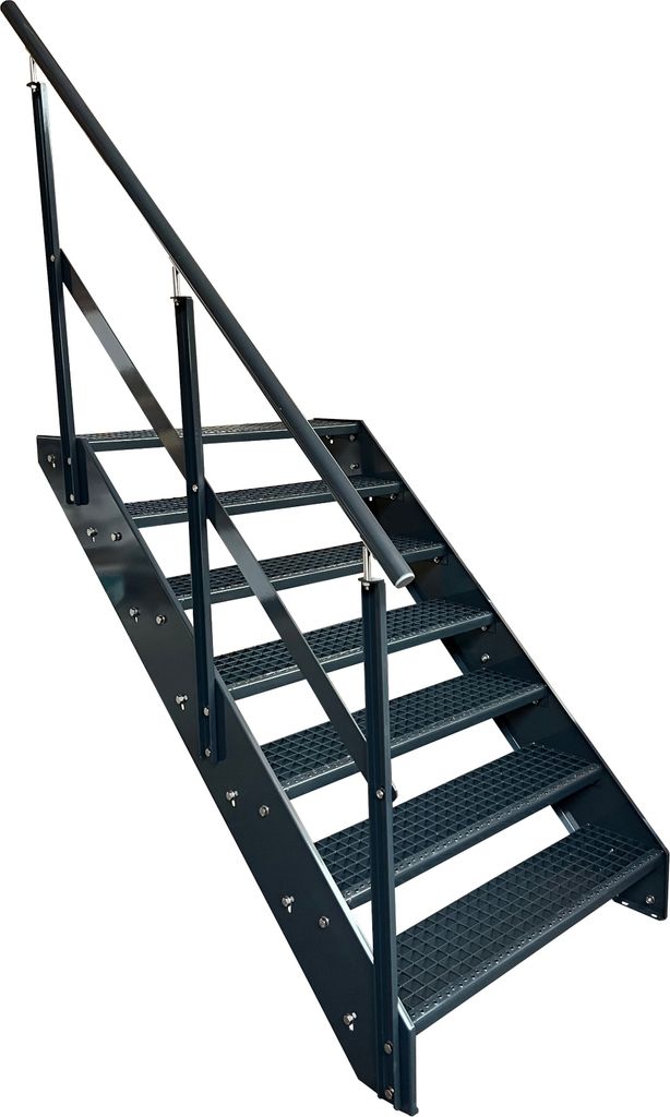 Gitterrost Stahl Wangentreppe 7 Stufen Geländer links - Verzinkt & Anthrazit Pulverlackiert - (B x H x T) 80 x 133 x 139 cm