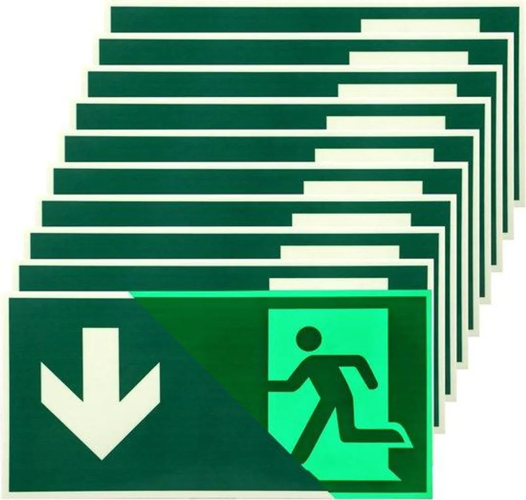 Panneau issue de secours phosphorescent flèche bas 300x150 mm - 10 unités