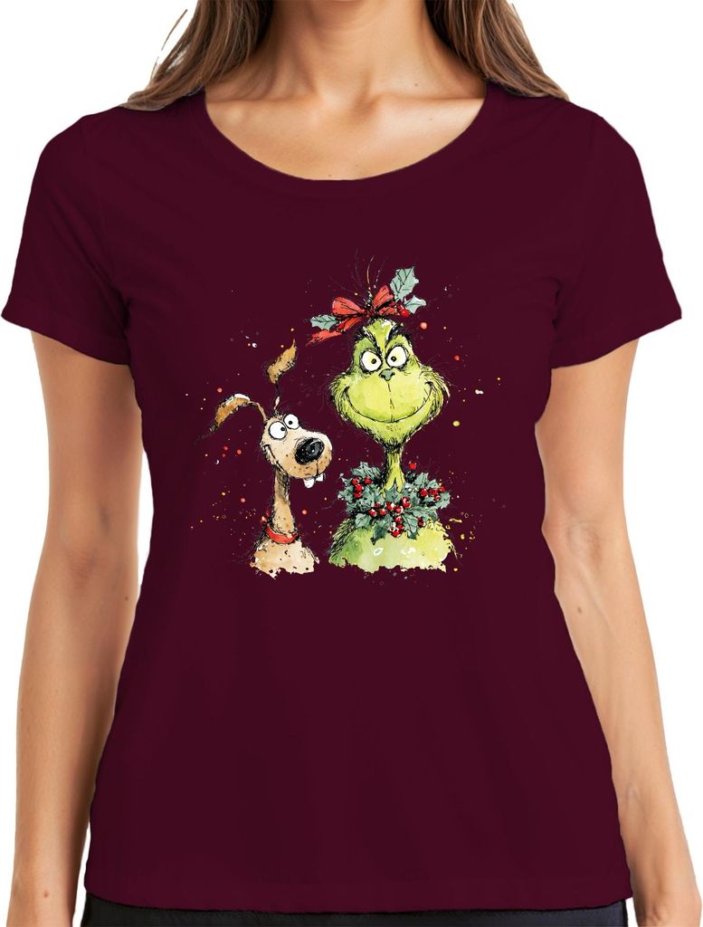 Grinch Weihnachtskranz Schleife mit Hund lustig Weihnachten Damen T-Shirt, Burgundy, 3XL