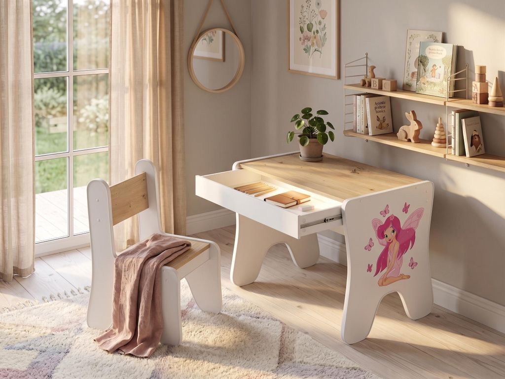 Schülerschreibtisch Set Holzoptik Artisan | Kindermöbel Komplettset: Tisch, Stuhl, Leuchte & Schublade | Praktischer Lernplatz Prinzessin