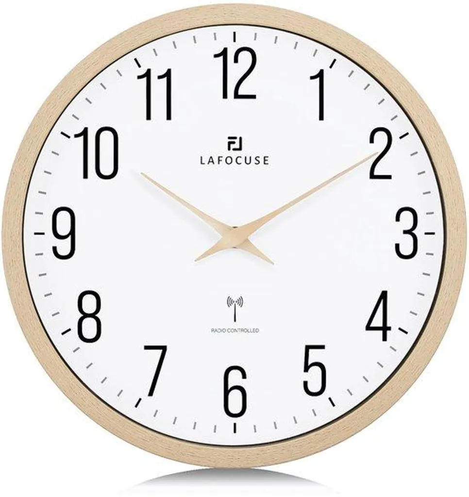 Pendule murale radio-pilotée moderne beige et bois de 30 cm de diamètre