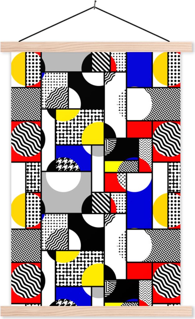 MuchoWow Textilposter Malerei - Mondrian - Farben 60x90 cm mit holzfarbenen Rahmen - Textil