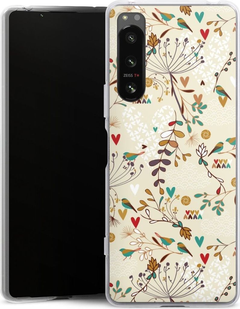 DeinDesign Handyhülle für Sony Xperia 5 IV Silikon Hülle Case Smartphone Schutzhülle Blumen Retro Vogel