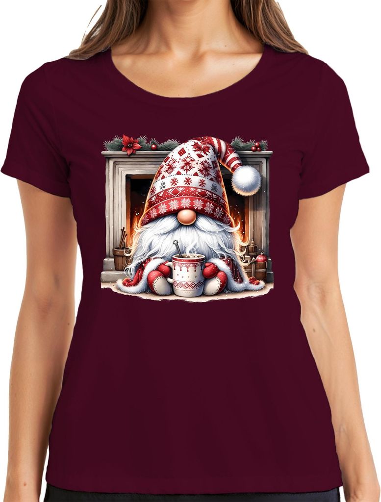 Weihnachtlicher Gnom mit heißer Schokolade am Kamin Winter Freude Damen T-Shirt, Burgundy, XL