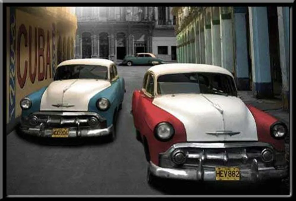Décoration Murale Cuba Voitures Anciennes Cadre Argenté Shinsuke 61x91