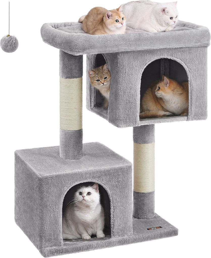 FEANDREA Kratzbaum, L Katzenbaum, mit 2 Häuschen, 101 cm, kompakt, hellgrau