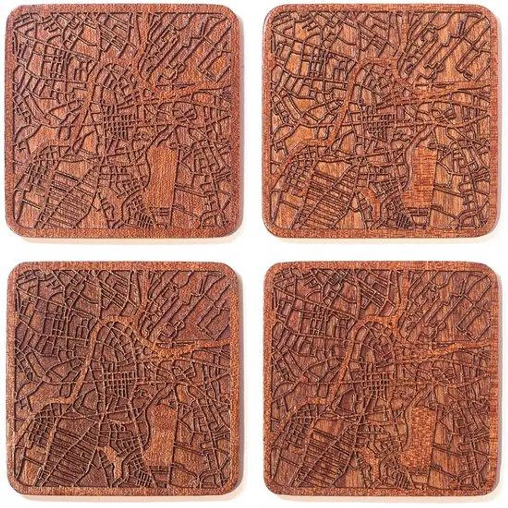 Couverts en bois fait main avec gravure plan de ville - Set de 4