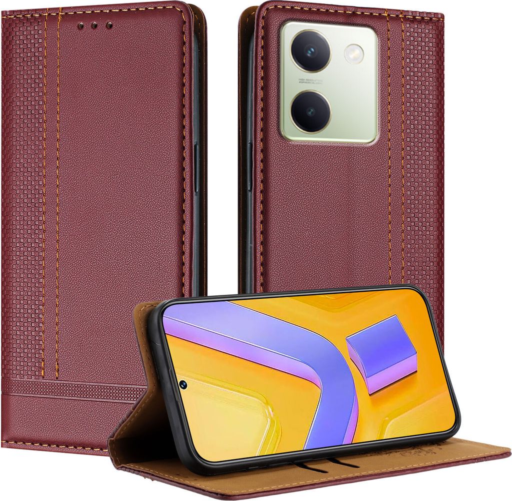 Handyhülle für Vivo Y100 5G Leder Flip Klappbare Schutzhülle mit Standfunktion Dunkelrot