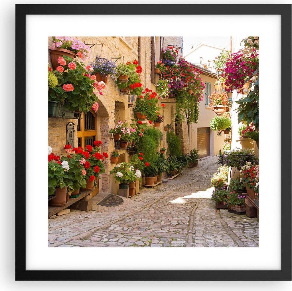 Gerahmtes Poster - Schwarzer Rahmen - Blume Straße Haus - 40x40 cm - Wand Bild - Wanddeko - Wandbilder - Kunstposter - Wandposter - Bilderrahmen -...