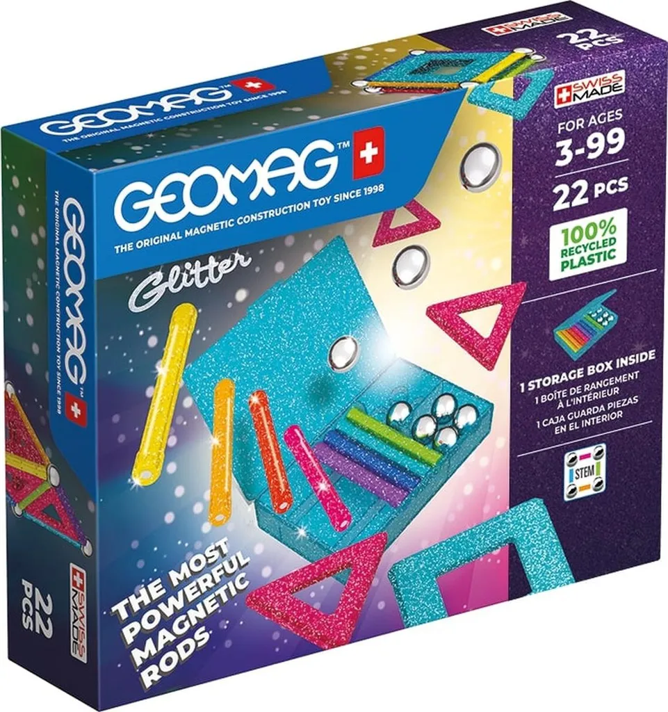 Coffret Geomag Glitter 22 Pièces : Panneaux Pailletés et Barres Aimantées