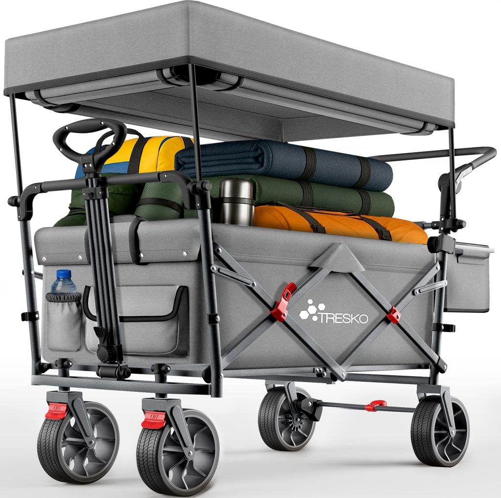 TRESKO Bollerwagen Faltbar mit Dach Grau, Kühlfach & Seitenrollos | Handwagen max. belastbar bis 150kg | Transportwagen mit Vollgummireifen & Fe...