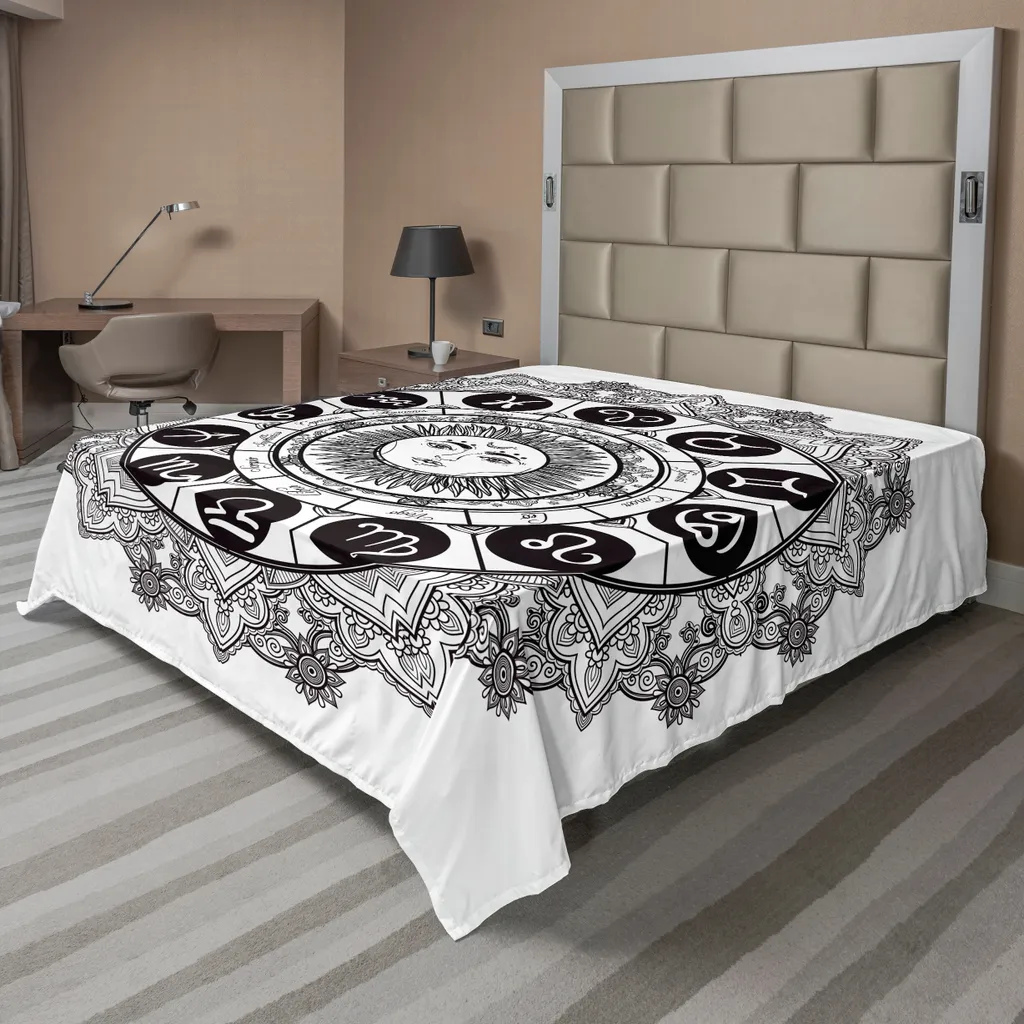Drap de Lit Plat à Motif Astrologique Mandala Ethnique Noir et Gris